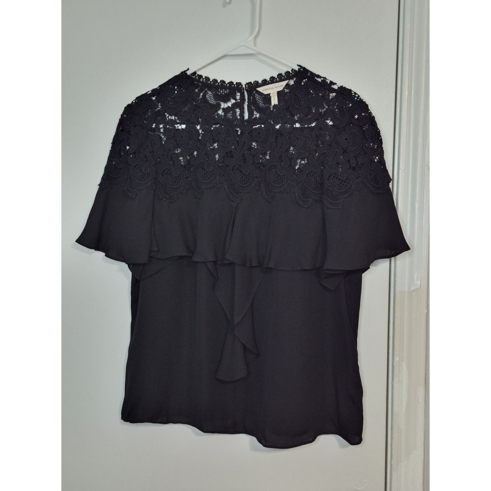 Rebecca‎ Taylor 100% Silk Blouse Size 12 Black Lace Ruffle Whimsigoth Career Top